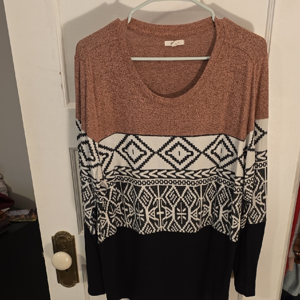 Geometric Pattern Long Sleeve Top - Brown, White, and Black